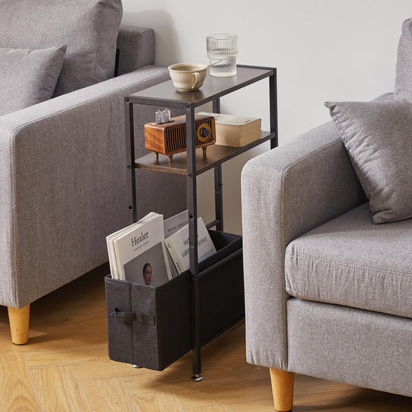 Aibiju Side Table with Storage, 3-Tier Slim Side Table with Fabric BasketNarrow Bedside Table Small Narrow Side Table for Small SpacesBedroom,Living