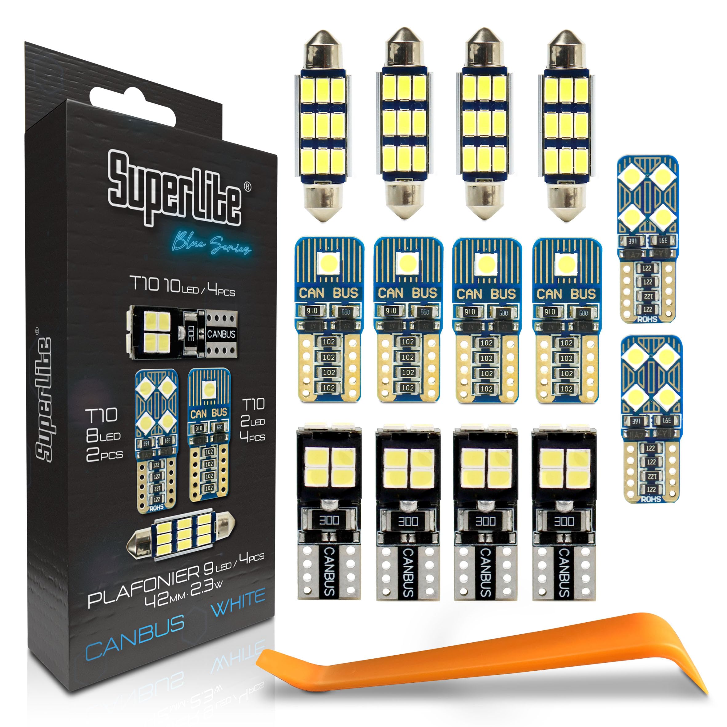 Superlite Set of 2 T10 Bulbs with 18 Leds from the Blue Series range. CanBus Technology and 6500K Colour Temperature. Ideal for Car and Truck.