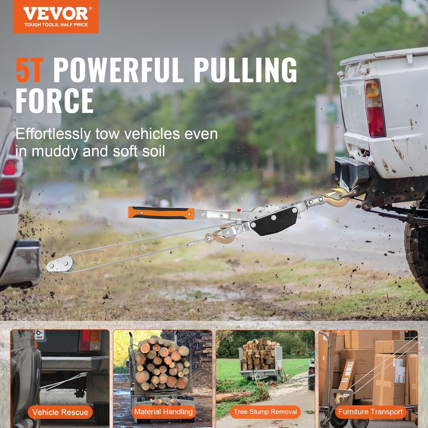 VEVOR Come Along Winch, 5 Ton (11,023 lbs) Pulling Capacity, 11.5 ft Steel Cable, 3 Hooks, Heavy Duty Ratchet Power Puller Tool with Dual Gears, Automotive Hoist Cable Puller Ideal for Vehicle Rescue