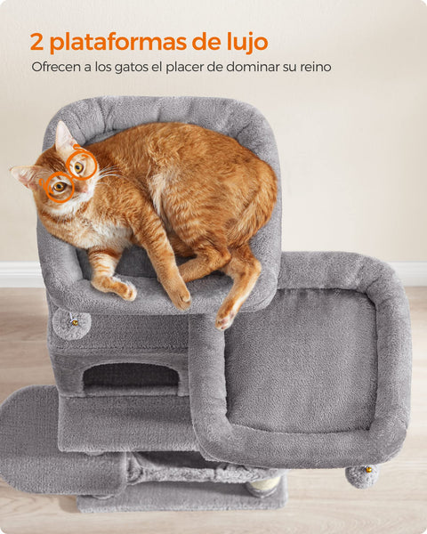 Feandrea Cat Tree, 112 cm Cat Tower for Indoor Cats, Multi-Level Plush Cat Condo with 11 Scratching Posts, Perches, Cave, Hammock, Pompoms, Light Grey