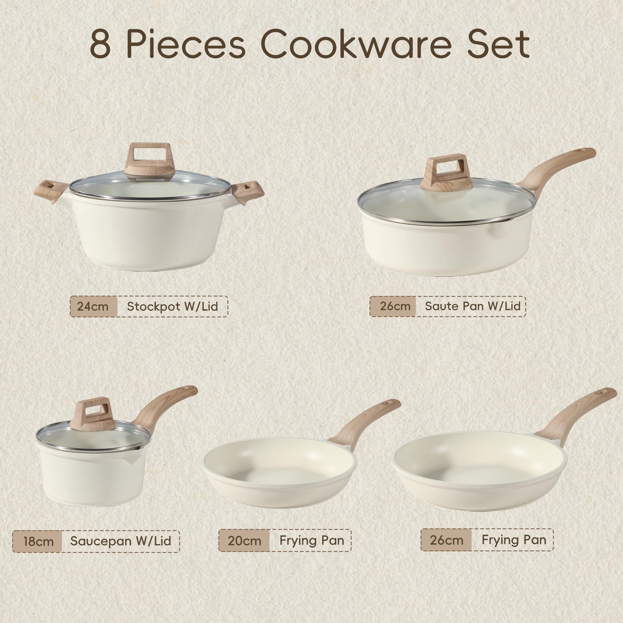 CAROTE Pots and Pans Sets Non Stick, 8 PCS White Granite Induction Hob Pan Set, Natural Non Toxic Cooking Cookware Set with Saucepan Set,Suitable for All Stoves