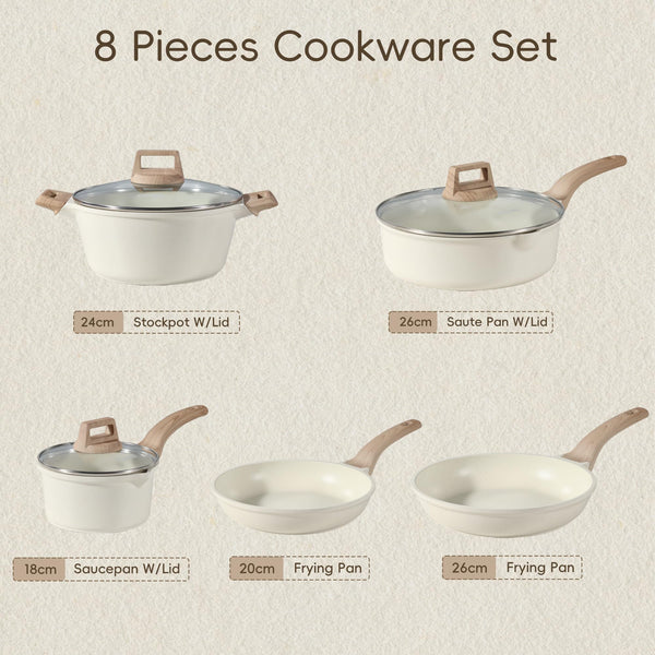 CAROTE Pots and Pans Sets Non Stick, 8 PCS White Granite Induction Hob Pan Set, Natural Non Toxic Cooking Cookware Set with Saucepan Set,Suitable for All Stoves