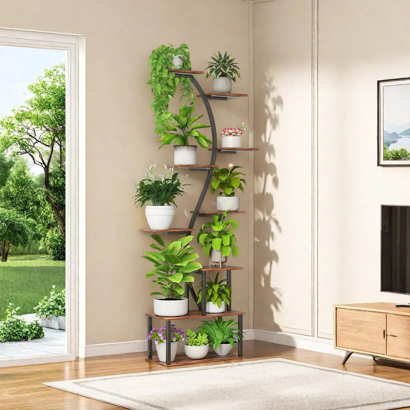 Zekoled 9-Tier Plant Stand with Grow Lights & Auto Timer, 167cm Tall S-Shaped Indoor/Outdoor Plant Shelf, Metal Plant Flower Holder, StandSpace-Saving Corner Shelf for Home, Balcony, Patio