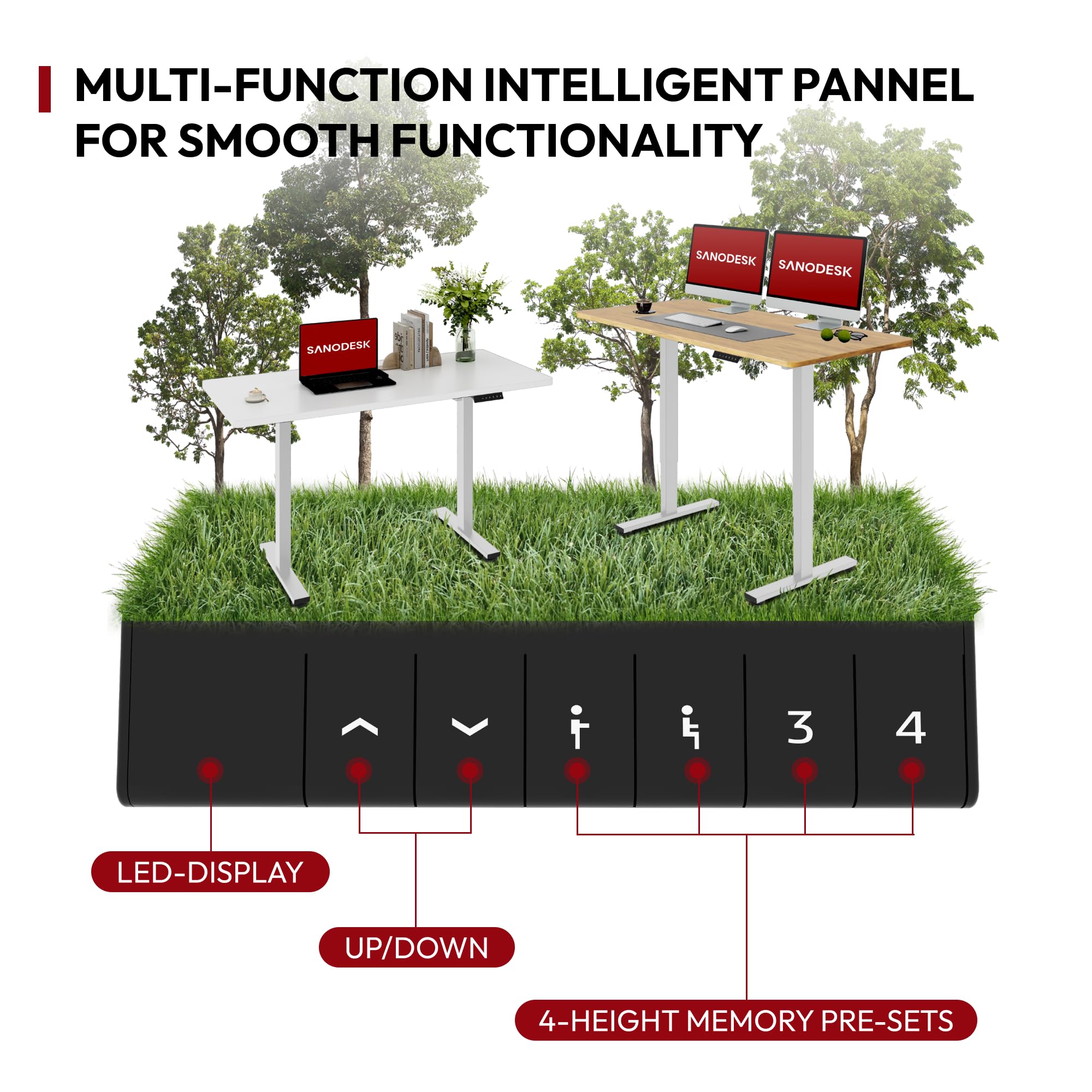 SANODESK QS1+140 * 60 Electric Standing Desk Height Adjustable Standing Desk With Memory Smart Panel Sit Stand Table With Hooks and Cupholder for Home Office （Black Frame+ Black Desktop）