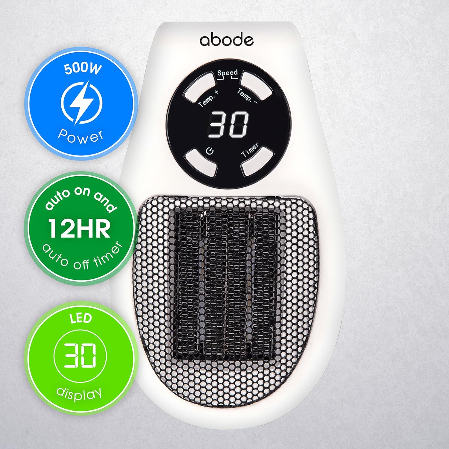 Abode 500W Compact Portable White Ceramic Plug in Heater with 2 Heat Settings & Overheat Protection, Electric Heater, LED Display, 12hr Auto Timer, 10m2 Room Size APH1001