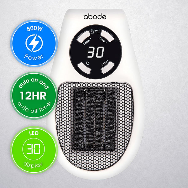 Abode 500W Compact Portable White Ceramic Plug in Heater with 2 Heat Settings & Overheat Protection, Electric Heater, LED Display, 12hr Auto Timer, 10m2 Room Size APH1001