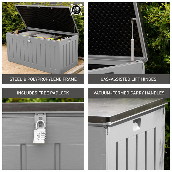 Olsen & Smith 680L Large Garden Storage Box - Weather Resistant Heavy Duty Garden Box with Padlock & Wood Effect - Huge Capacity Outdoor Storage Chest for Tools, Cushions, Toys & More (Anthracite)