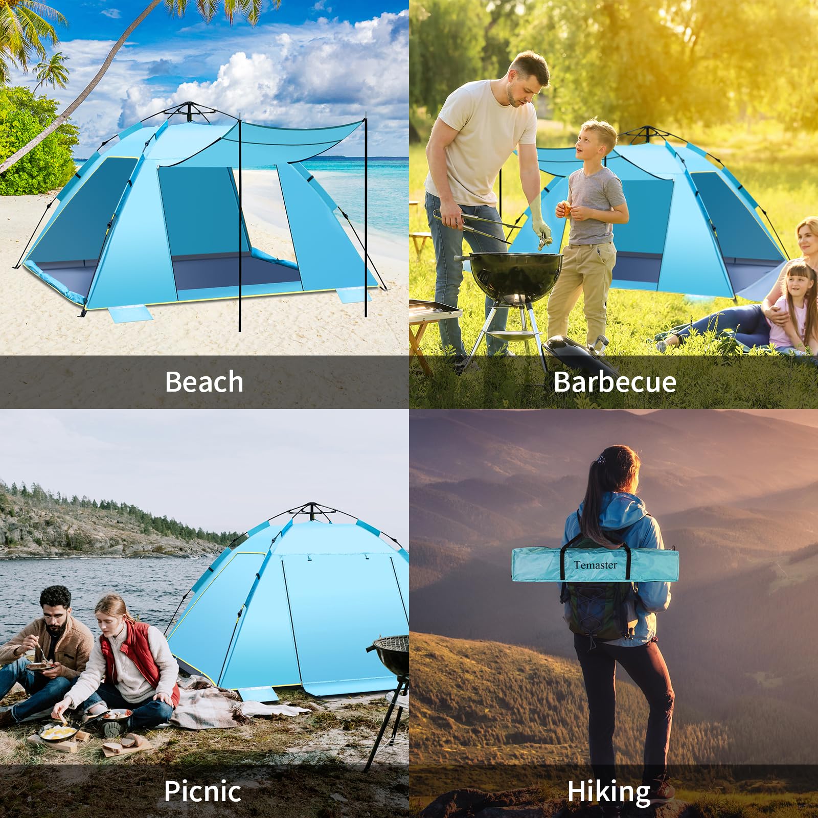 4-5 Person Instant Pop Up Automatic Beach Tent, Extra Large Portable Ventilated Automatic Beach Sun Shelter Tent, UPF 50+ Easy Setup Beach Tent for Picnic,Beach,Garden