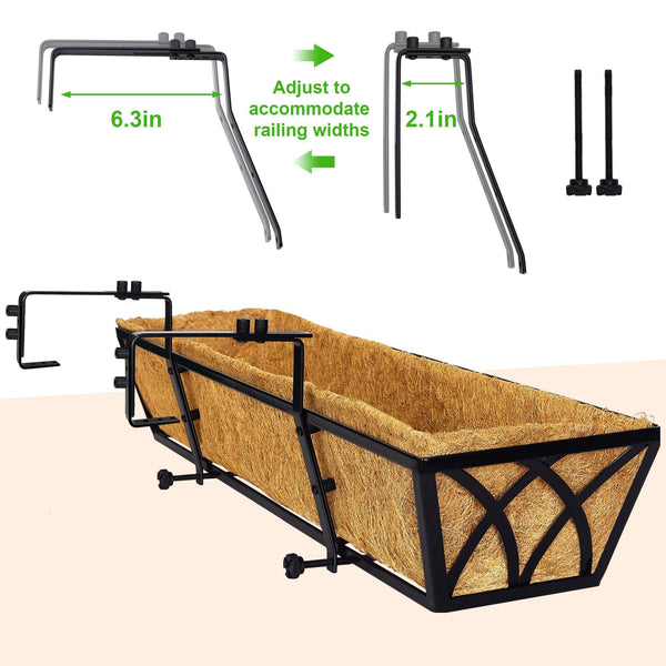 HFHOME 4Pcs 24"/60.9cm Hanging Flower Baskets, Wall Mounted Trough Basket with Coco Liner, Metal Railing Planter Box for Window Box Porch Balcony