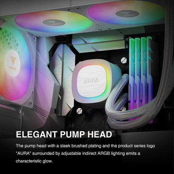 GAMDIAS AURA GL240 V2 AIO, 240mm CPU Liquid Cooler, Easy Cable Routing Design, Rotatable Performance Pump, 2 x 120mm Low-Noise PWM ARGB Fan w/ MB Sync, AMD AM5/AM4；Intel LGA 1851/1700/115x/1200, White
