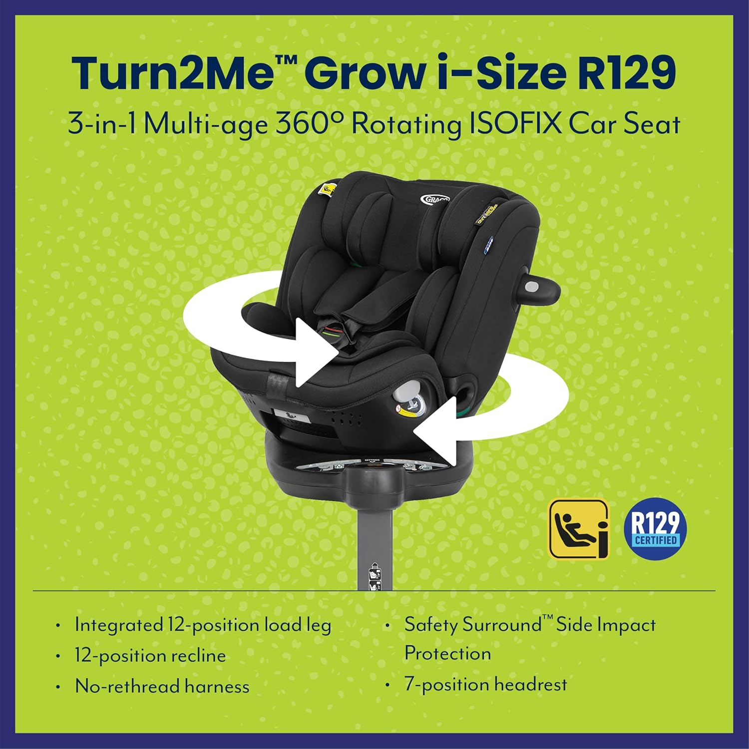 Graco Turn2Me Grow i-Size R129 ISOFIX 360° Rotating Car Seat, Rearward facing for longer from birth to approx. 4 years (40-105cm). Forward facing from 15 months to approx. 7 years (76-125cm), Midnight