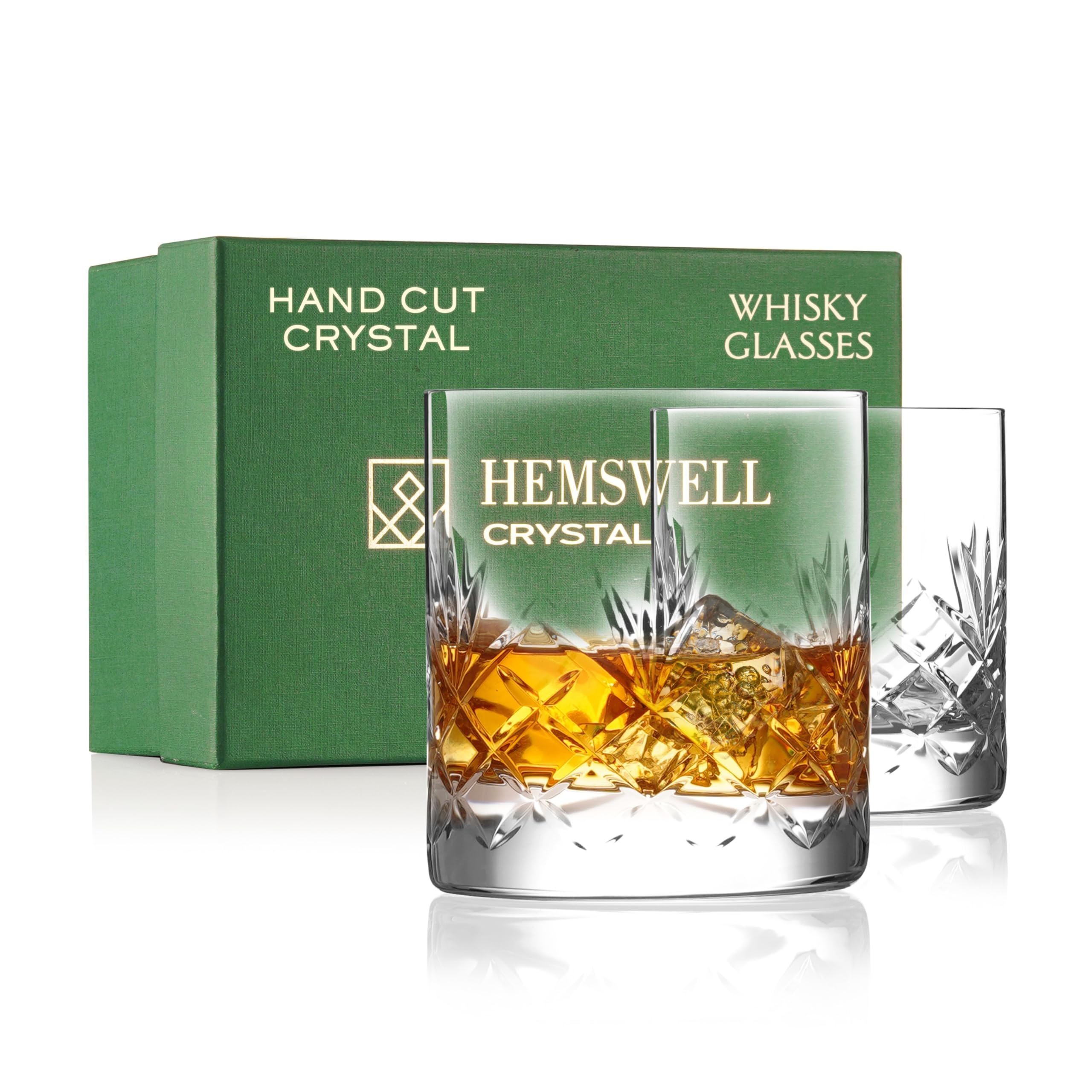 Hemswell Crystal Whiskey Glasses Set of 2 - Crystal Whisky Glasses 310ml - Cut Glass Whiskey Tumblers - Lead Free - Satin Lined Box - Glenrigg