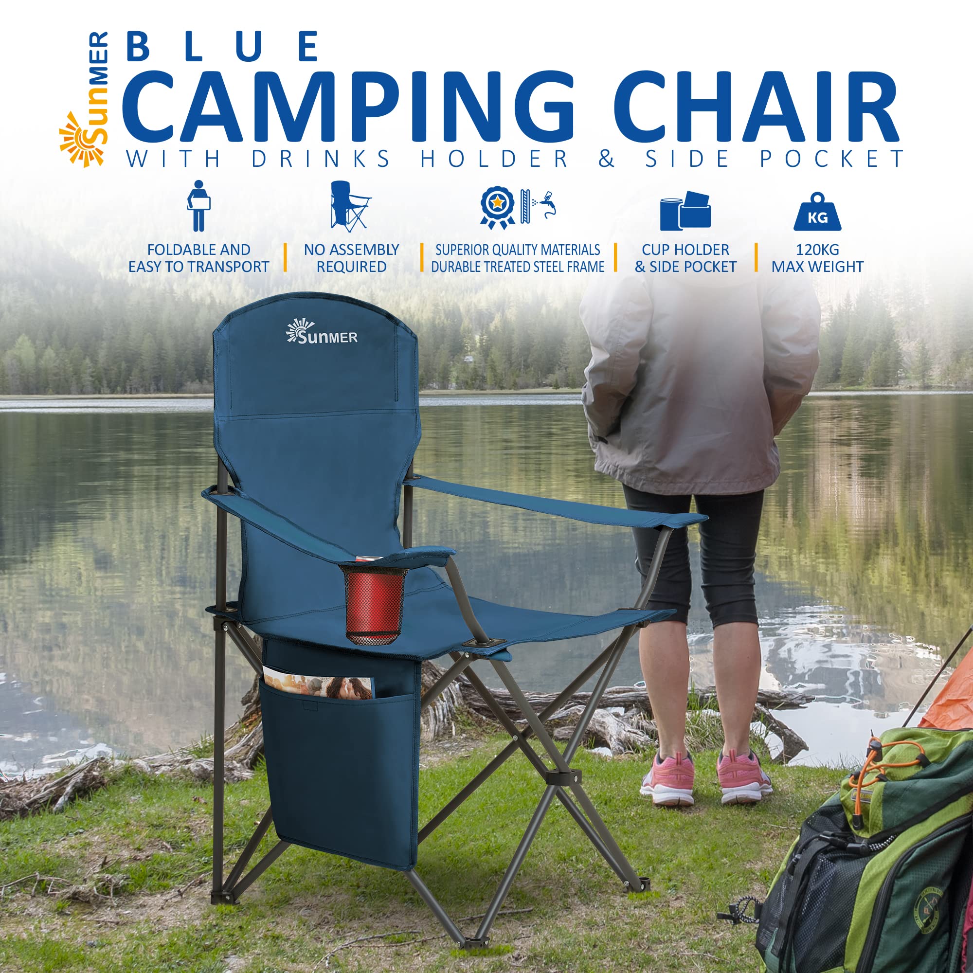 SUNMER Set of 2 Folding Camping Chairs, Extra-Wide Lightweight Outdoor Chairs with Armrests, Cup Holder and a Side Pocket, 120kg Capacity per Chair - Black