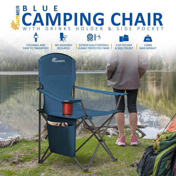 SUNMER Set of 2 Folding Camping Chairs, Extra-Wide Lightweight Outdoor Chairs with Armrests, Cup Holder and a Side Pocket, 120kg Capacity per Chair - Black