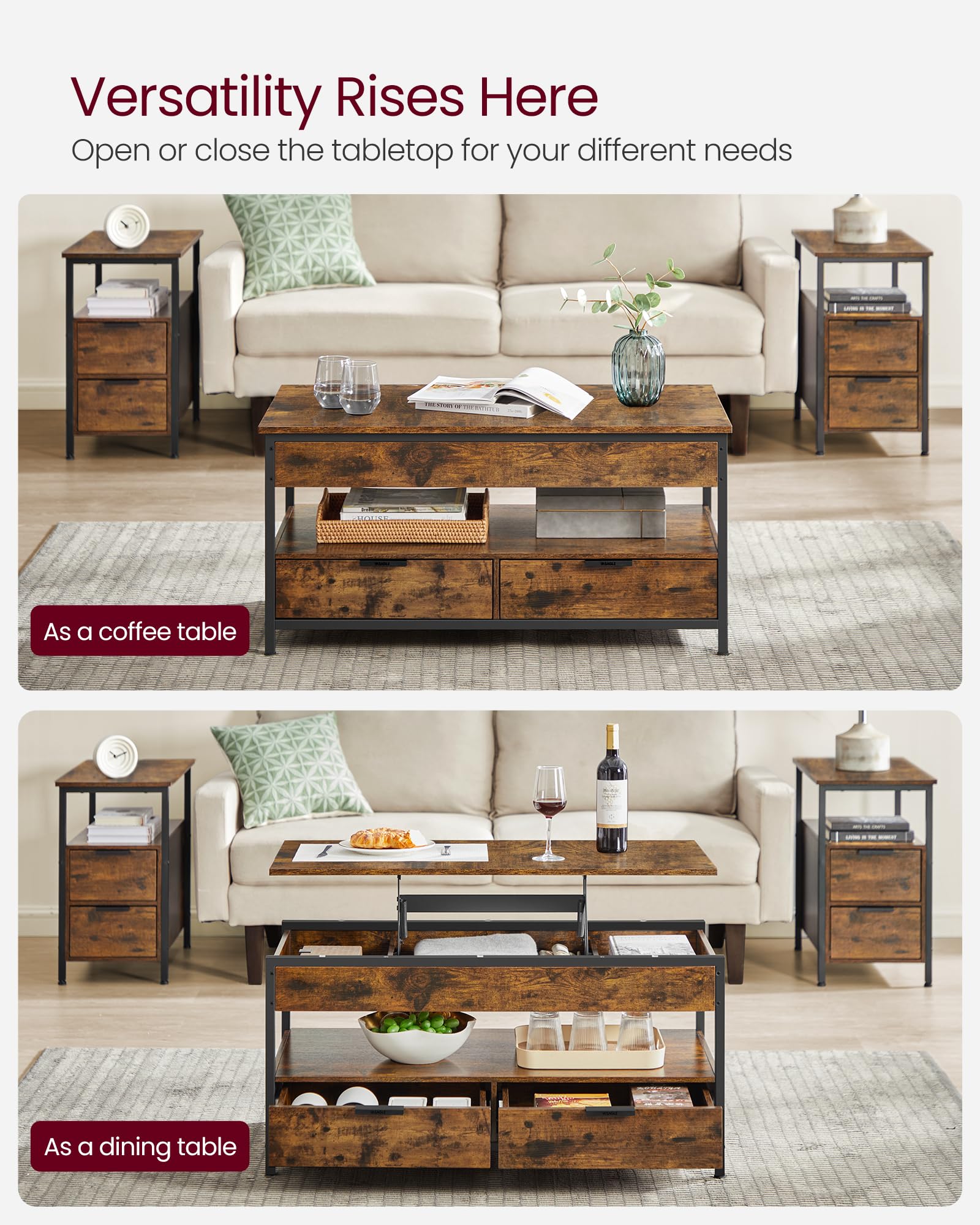 VASAGLE Lift Top Coffee Table, Living Room Table, with Storage Drawers, Hidden Compartments, and Open Shelf, Rustic Brown and Ink Black LCT209K01