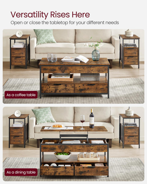 VASAGLE Lift Top Coffee Table, Living Room Table, with Storage Drawers, Hidden Compartments, and Open Shelf, Rustic Brown and Ink Black LCT209K01