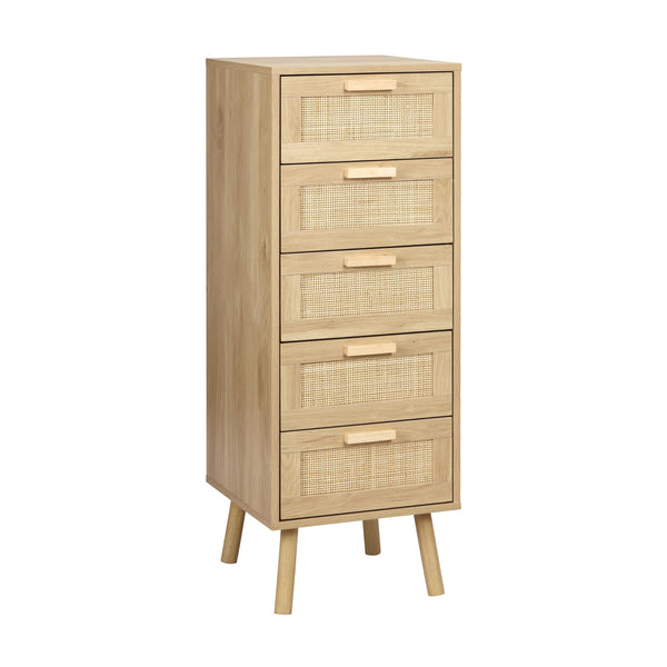Finnhomy Rattan Chest of Drawers Bedroom, Tall Chester Drawers with 5 Hand Made Rattan Decorated Drawers for Bedroom, Small Bedside Cabinet with Wood