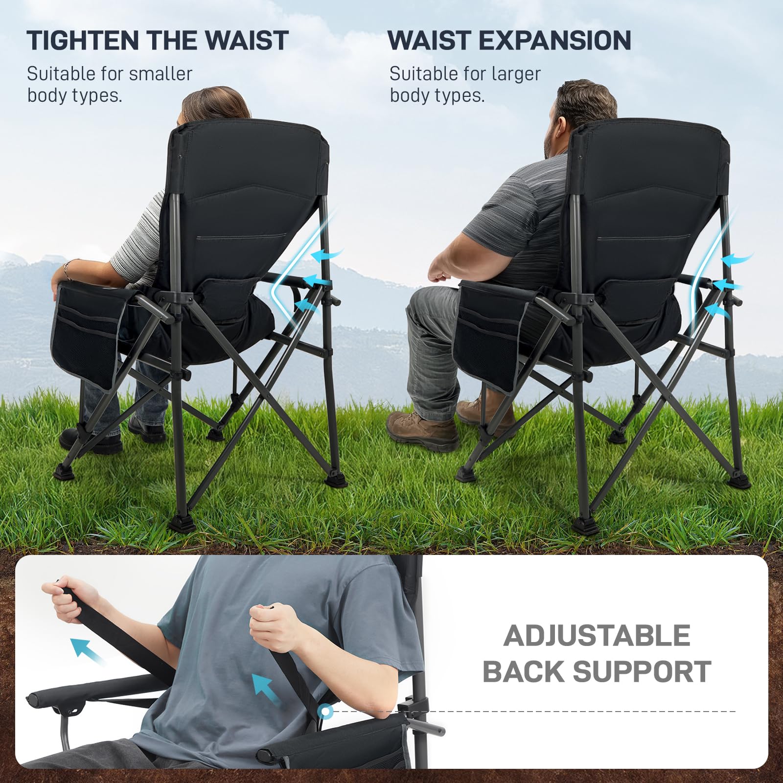 EVER ADVANCED Camping Chair for Adults Oversized 230KG, Folding Chair for Heavy People with Side Pocket, Heavy Duty Extra Wide with Hard Armrest Foldable Garden Fishing Outdoor Fold up