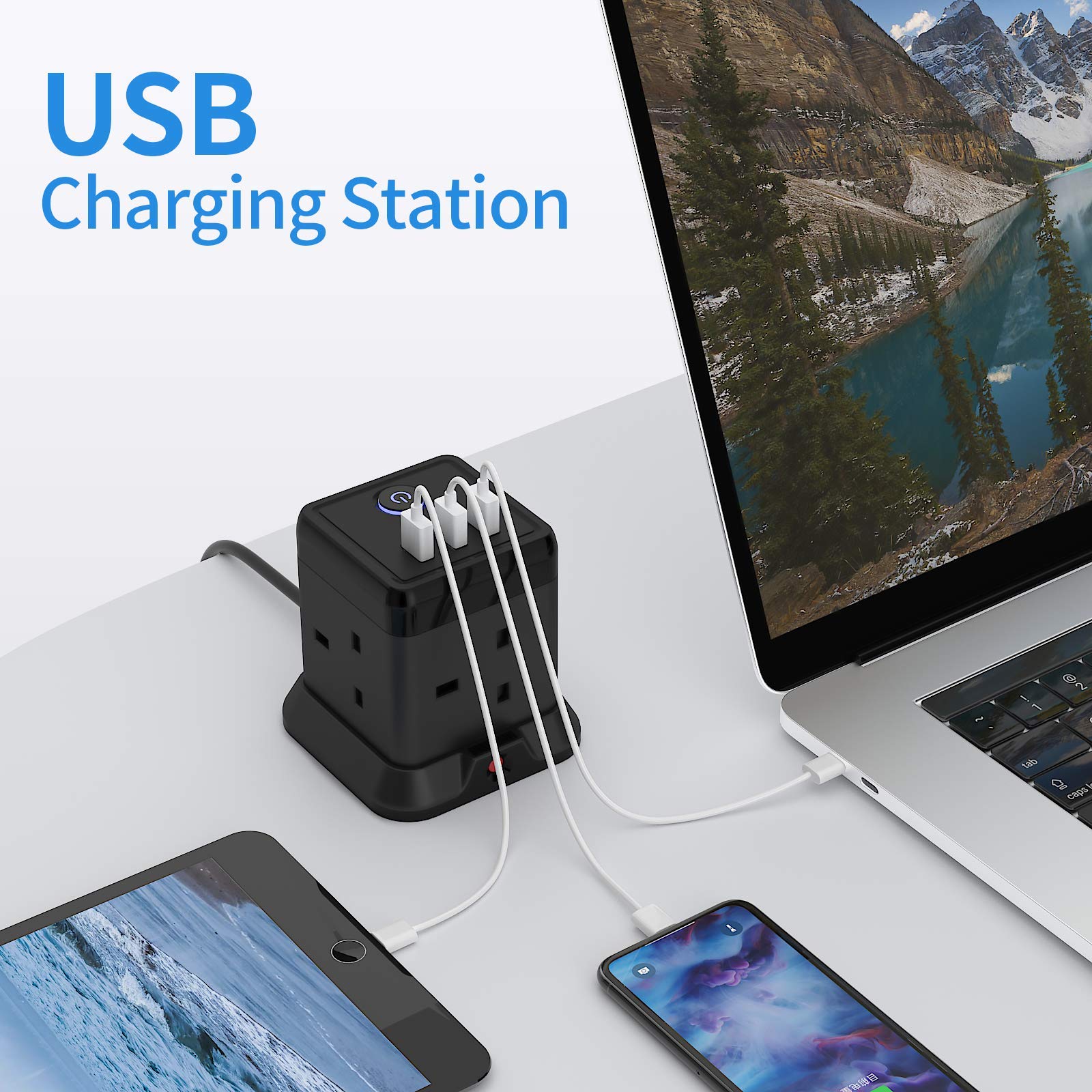 Hulker 3M Cube Extension Lead with 3 Slots 4 Gang Plug Socket with Switch 4 Way Power Strip with 3 USB Port 3 Metre Extension Cable Black 13A 3250W for Home Dorm Office