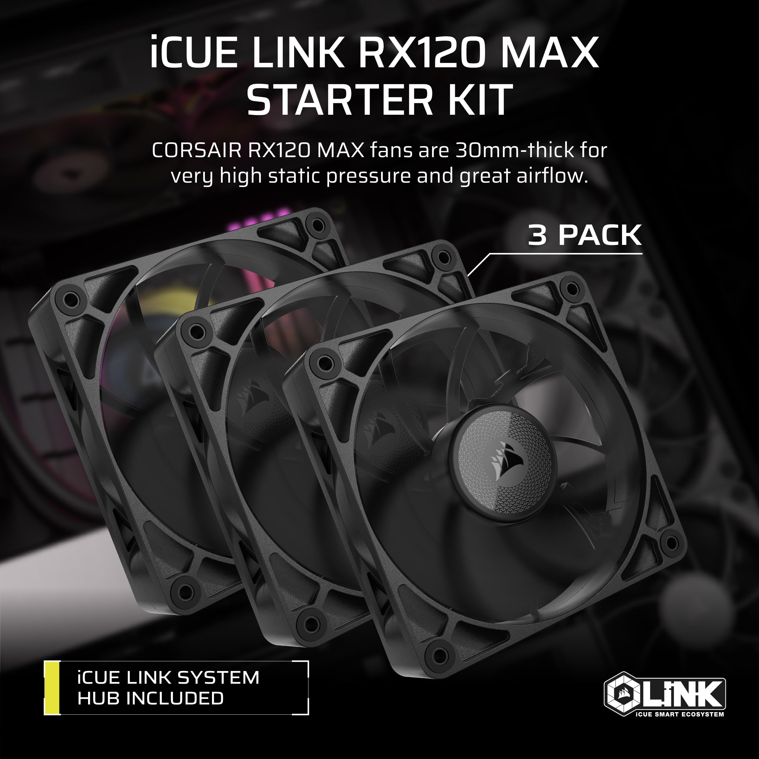 CORSAIR iCUE LINK RX120 MAX RGB 120mm PWM Thick Fans with iCUE LINK System Hub – High-Static Pressure – Magnetic Dome Bearing – Triple Pack – White