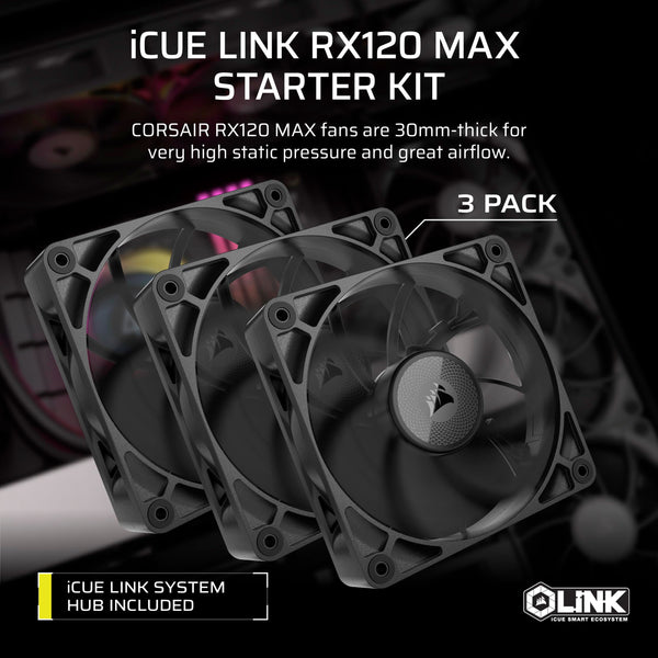 CORSAIR iCUE LINK RX120 MAX RGB 120mm PWM Thick Fans with iCUE LINK System Hub – High-Static Pressure – Magnetic Dome Bearing – Triple Pack – White