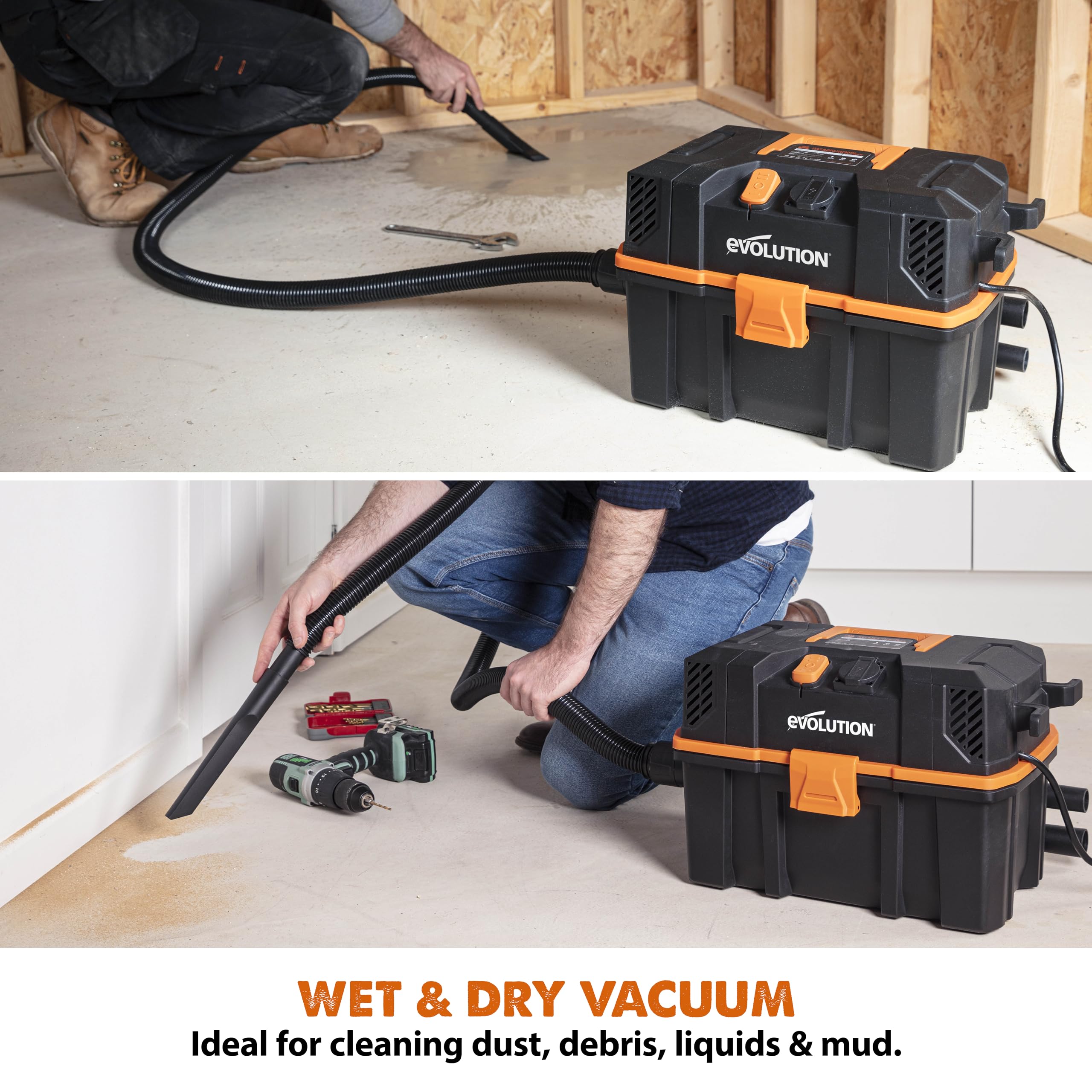 Evolution Power Tools R15VAC Vacuum Cleaner Wet and Dry Vac, Portable and Lightweight Ideal Dust Extractor for Saw Dust in Workshops, With Power