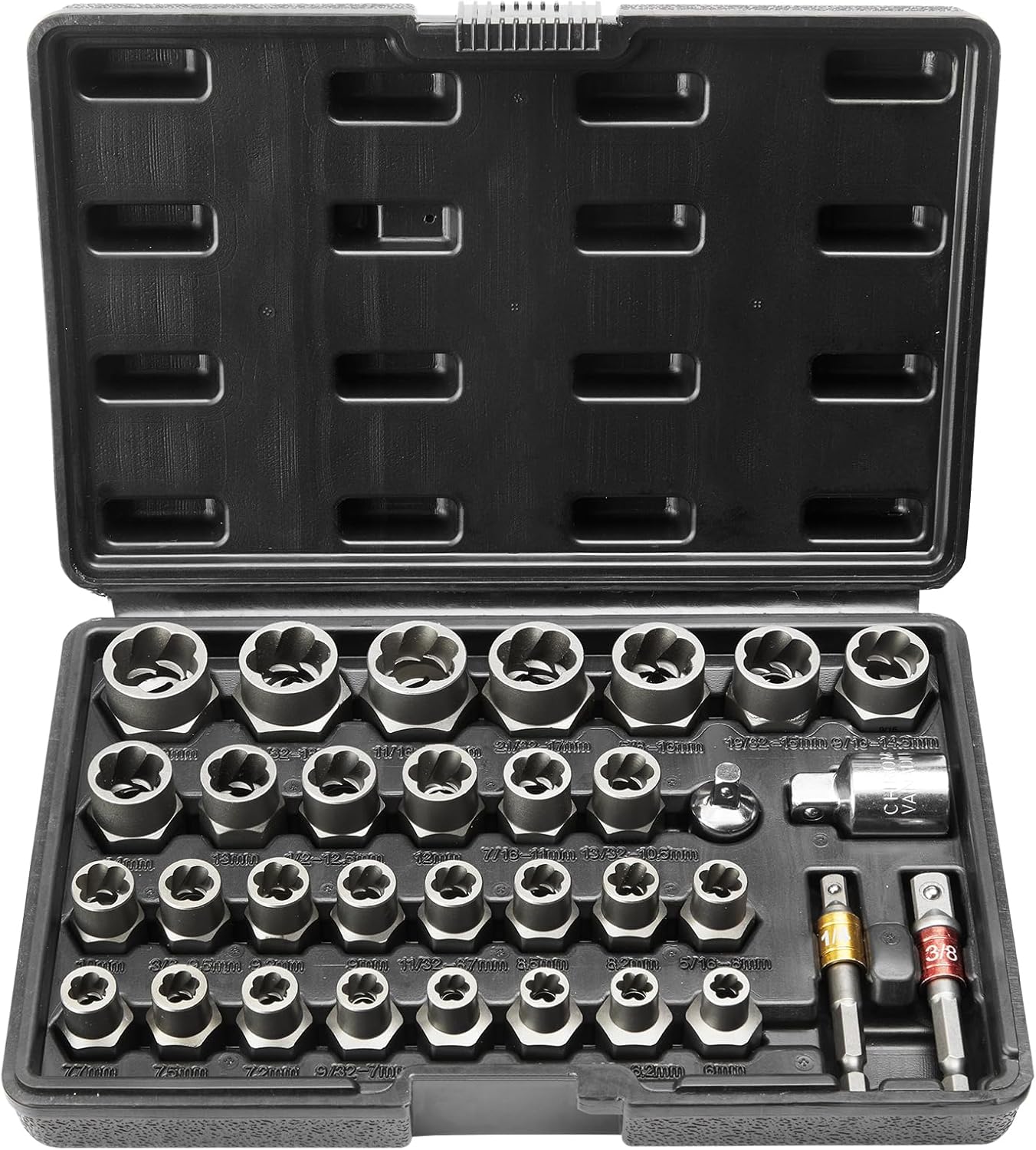 VEVOR Bolt Extractor Set, 29-Piece Bolt and Nut Remover Set, 6mm to 10mm, 13/32" to 3/4", CR-MO Steel Extraction Socket Set with Storage Case, for Removing Damaged Rusted Bolts, Nuts and Screws