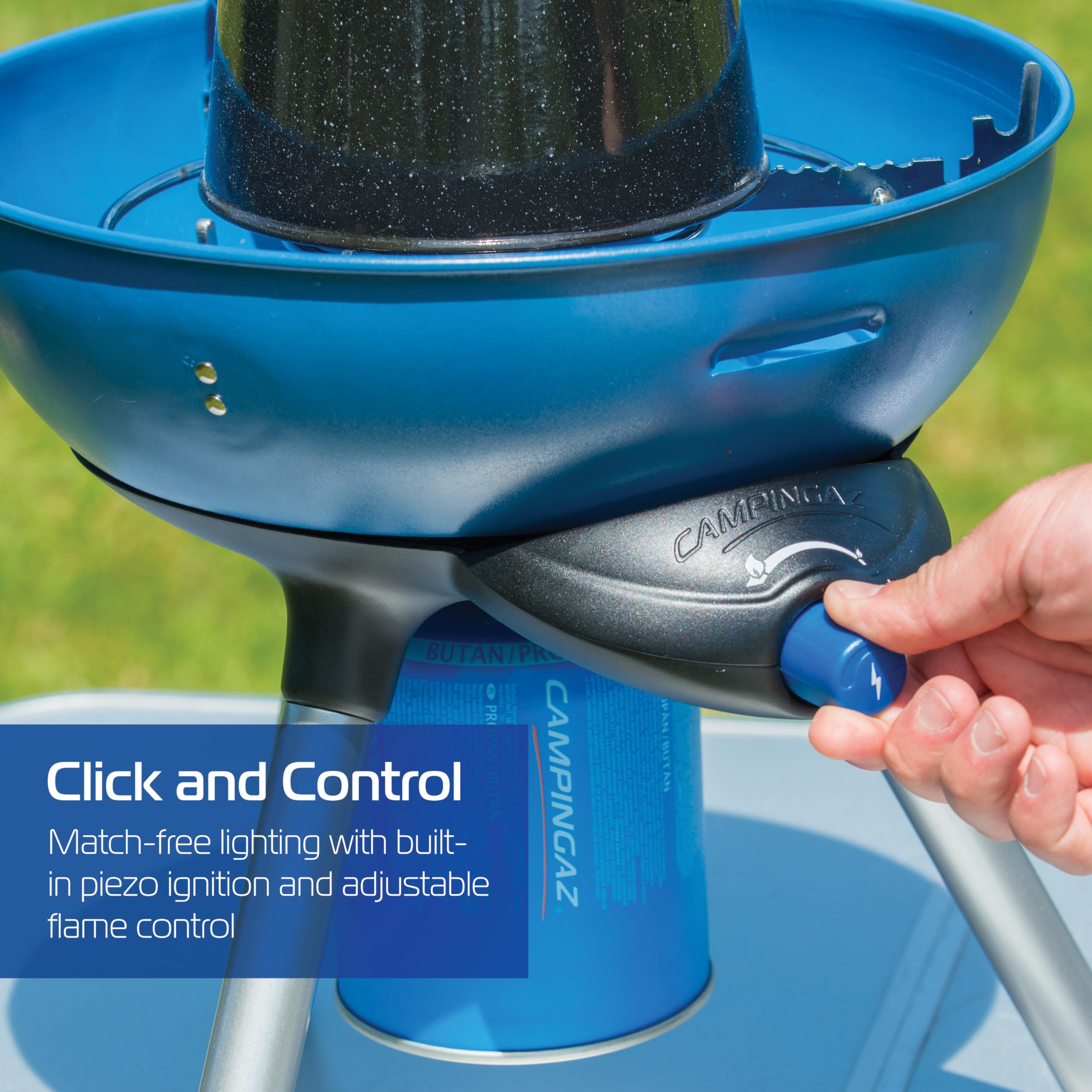 Campingaz Party Grill 400 CV, Camping Stove and Grill, All-in-One Portable Camping BBQ, with Griddle, Grid and Pan Support, Lid Doubles as Wok, Blue