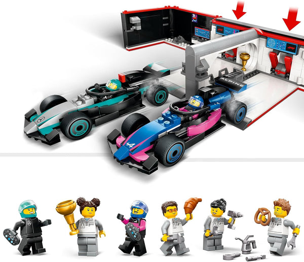 LEGO City F1 Garage & Mercedes-AMG & Alpine Cars - Toy Formula 1 Racing Vehicles Set - Easter Treat with 2 Drivers & 4 Mechanic Minifigures - Gifts for 7+ Year Old Boys & Girls or Adult Fans - 60444