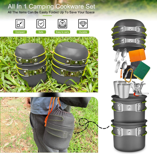 AUTOPkio Camping Cooking Set, Outdoor Camping Pans Pots and Stove - Non Stick Folding Cookware Kit for BBQ Picnic Hiking Backpacking Travel 1-2 Person Use