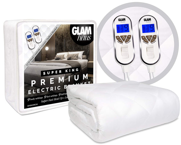 GlamHaus Super King Size Electric Blanket Dual Control - Fitted Mattress Fitted Bed Under Cover With Elasticated Skirt - Premium White Diamond Quilted