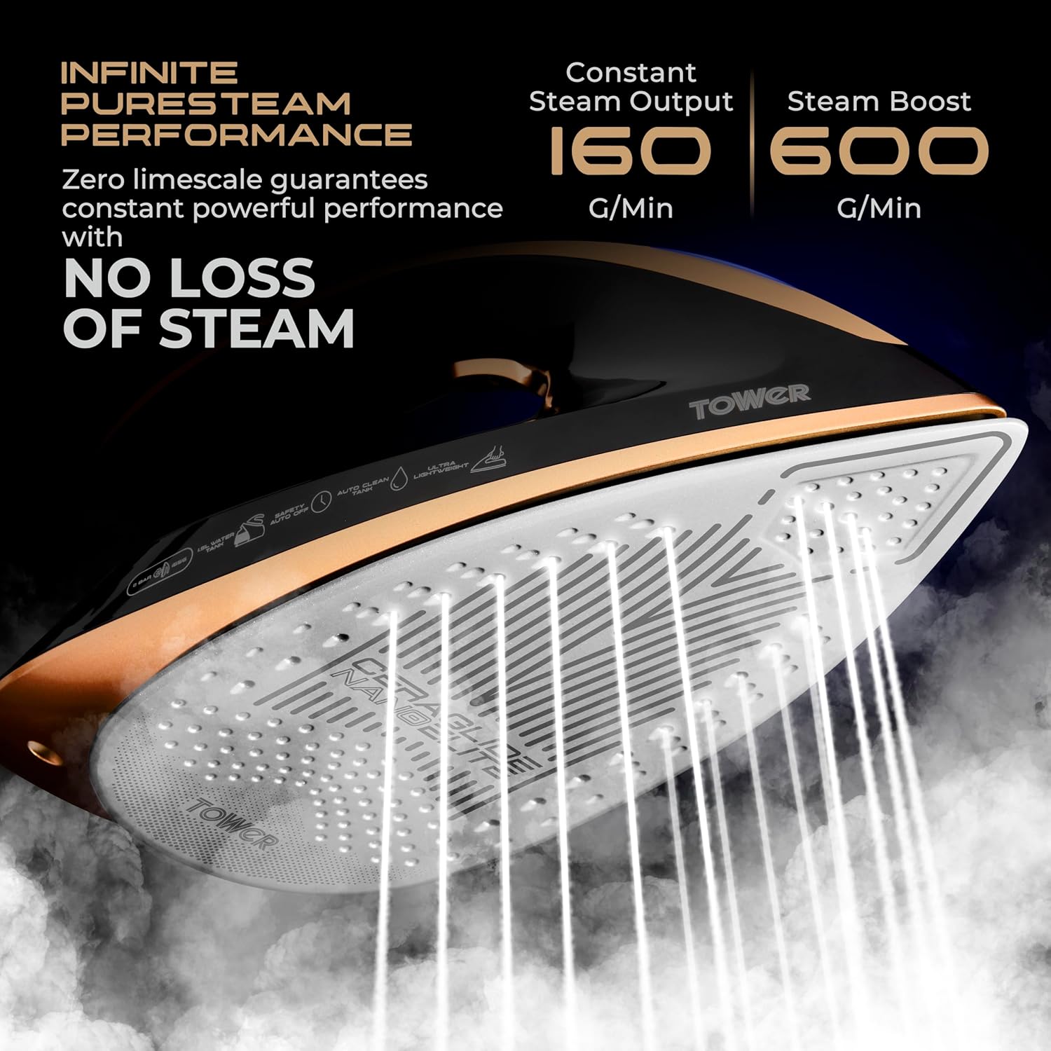 Tower T22030GLD PureSteam Infinity Xpress 8 Bar Steam Generator Iron, Ceraglide NanoElite Soleplate, AI-Auto Limescale Attack System, One Temp Technology, 1.5L Dual Tank Capacity, 3000W, Black & Gold