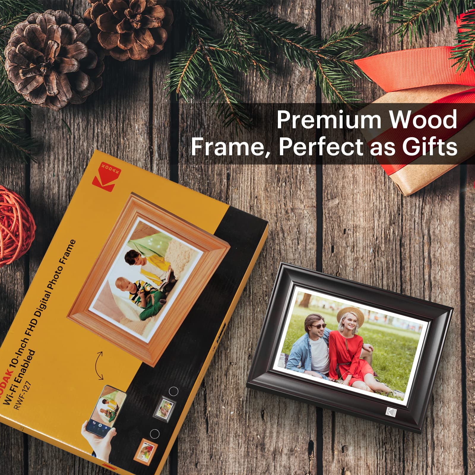 KODAK Digital Photo Frame WiFi Digital Picture Frame 10.1 Inches, FHD 1920*1200 IPS Touchscreen, Wooden Smart Electronic Frame with 32GB Memory, Easy to Share Photo, Video via APP with Your Loved Ones