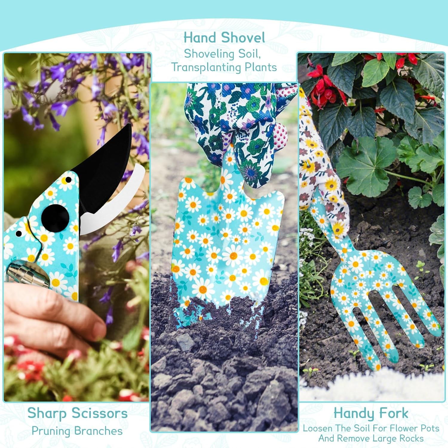 Garden Tools Gardening Gifts for Women, Trowel, Fork, Scissor, Candles and Hand Cream, Gardening Gifts for Women, Ladies Hamper with Daisy Print, Birthday Gifts for Women
