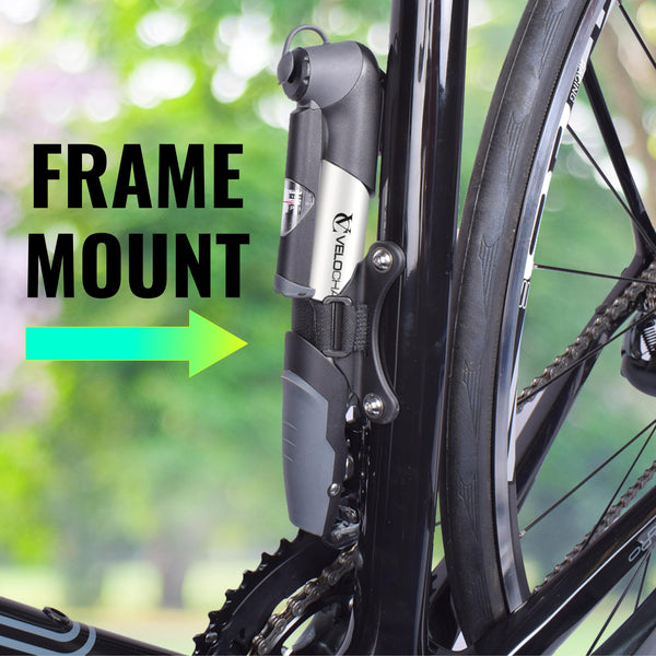 VeloChampion Mini Bicycle Pump with Frame Mount. Portable Alloy Pump For Presta, Schrader and Dunlop Valves. Suitable for All Bikes - Road, Mountain & BMX