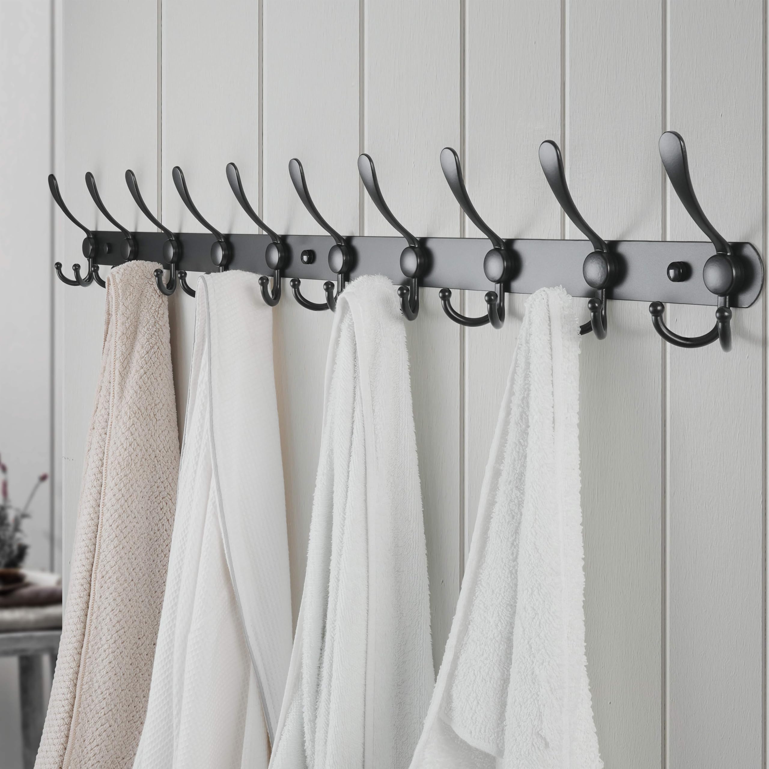 Dseap Wall Mounted Coat Rack - 96cm Long 10 Tri Hooks, Heavy Duty Stainless Steel Metal Coat Hanger Rail Wall Hooks for Coats Hats Clothing Clothes