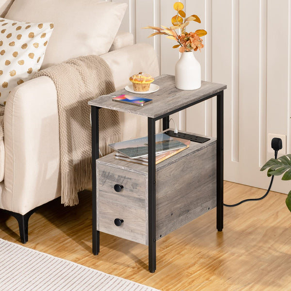 HOOBRO Side Table, Narrow Bedside Table with Charging Station, USB Ports and Power Outlets, Slim Side Table for Small Spaces, 2 Drawers, Industrial