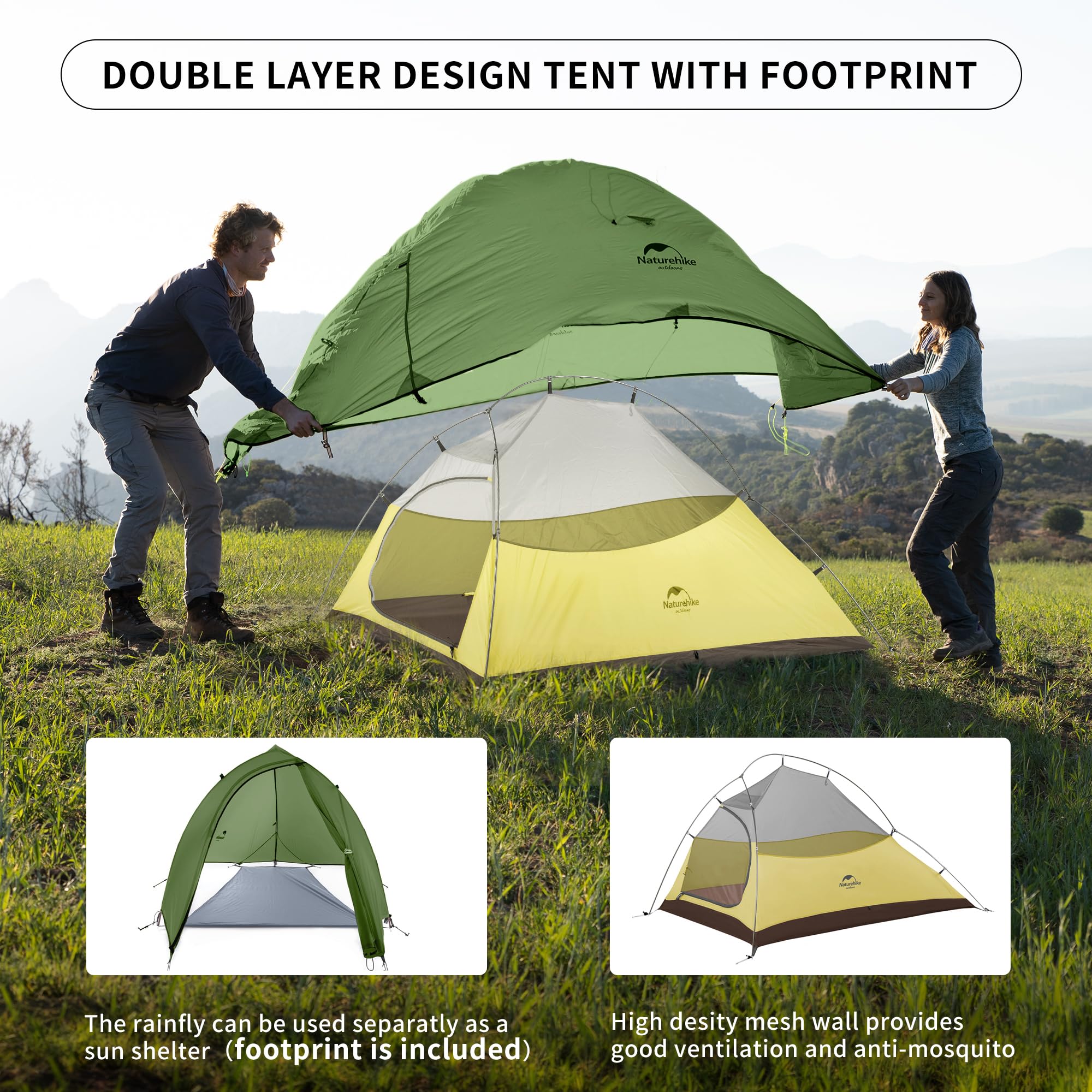 Naturehike Cloud up 2 Camping Tent 2 Man Backpacking Tent 3-4 Season Wild Country Tent Lightweight Dome Tent