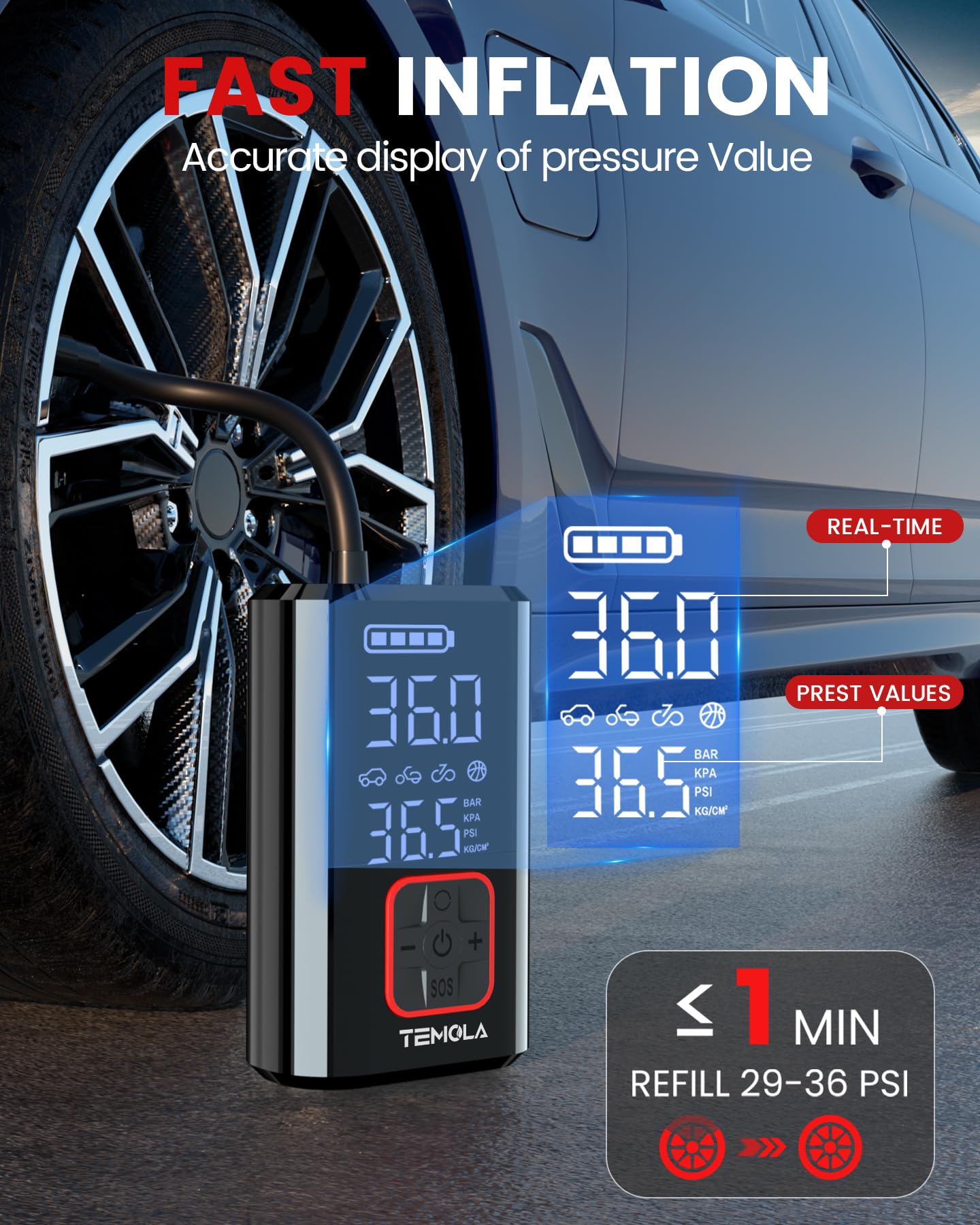 TEMOLA Tyre Inflator Air Compressor, Car Tyre Inflator Cordless Rechargeable 150PSI with Digital Pressure Gauge 12V DC, Electric Bike Pump Car Tyre Pump for Car Bike Motorcycle Ball Car Accessories