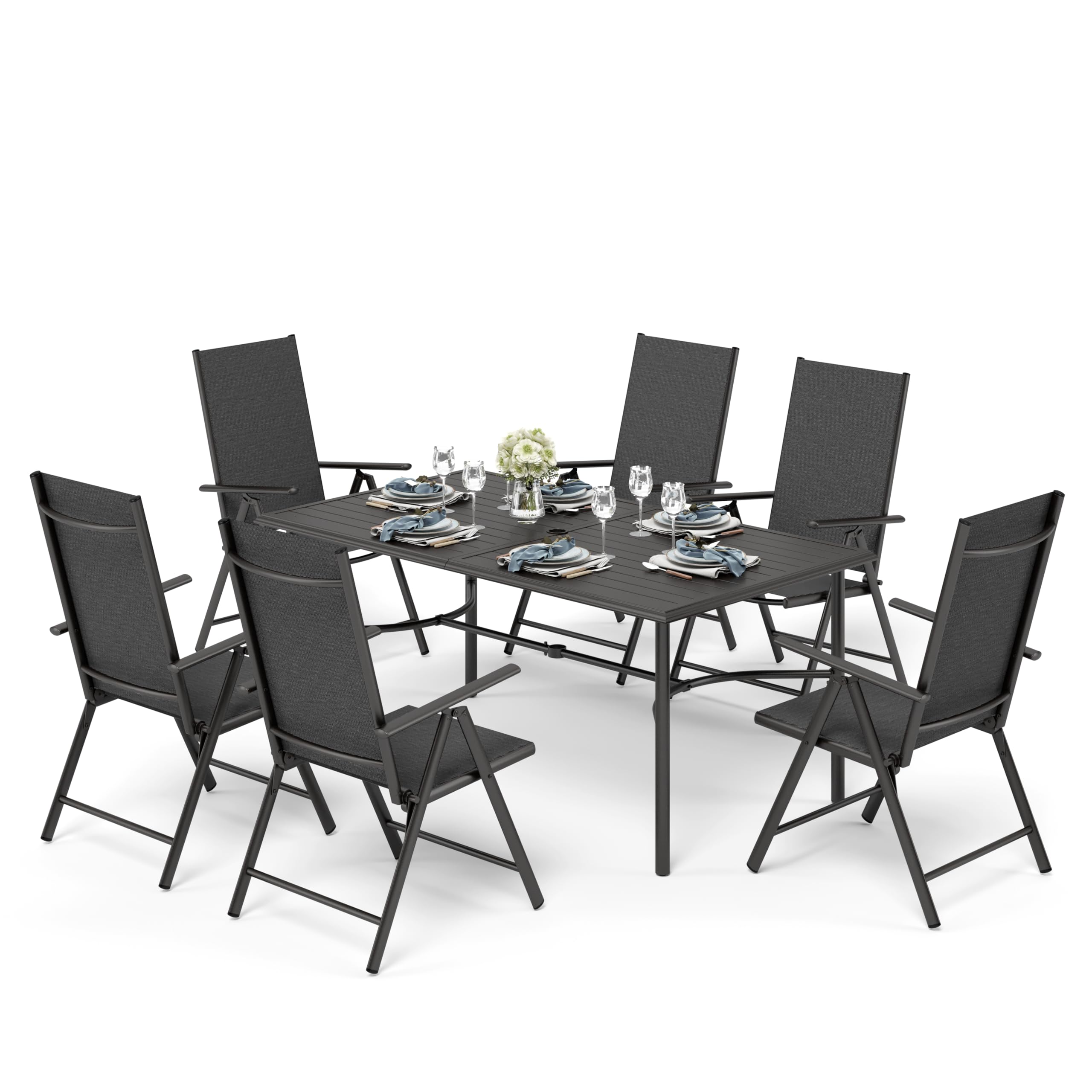 PHIVILLA Garden Table for 6 Person 150 * 90cm Patio Outdoor Table Rust Proof Steel Frame with 4 cm Parasol Hole Outdoor Furniture Garden Dining Table Maintenance Free Black