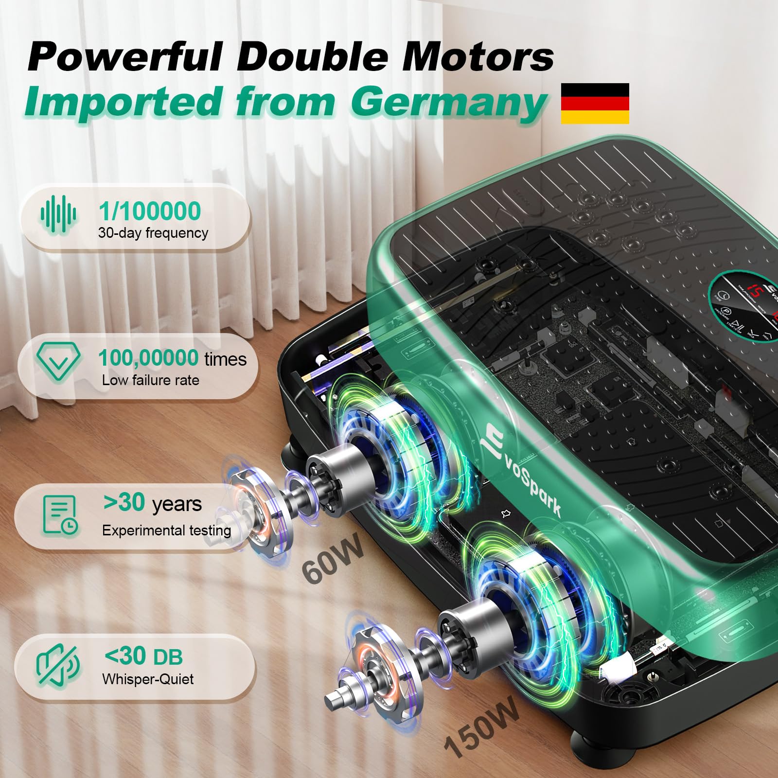 EvoSpark Vibration Plate, Vibration Plate Exercise Machine with 2025 High-Performance Dual Motor, 120 Adjustable Speeds, 450 Lbs Capacity Vibrating Plate for Lymphatic Drainage & Weight Loss