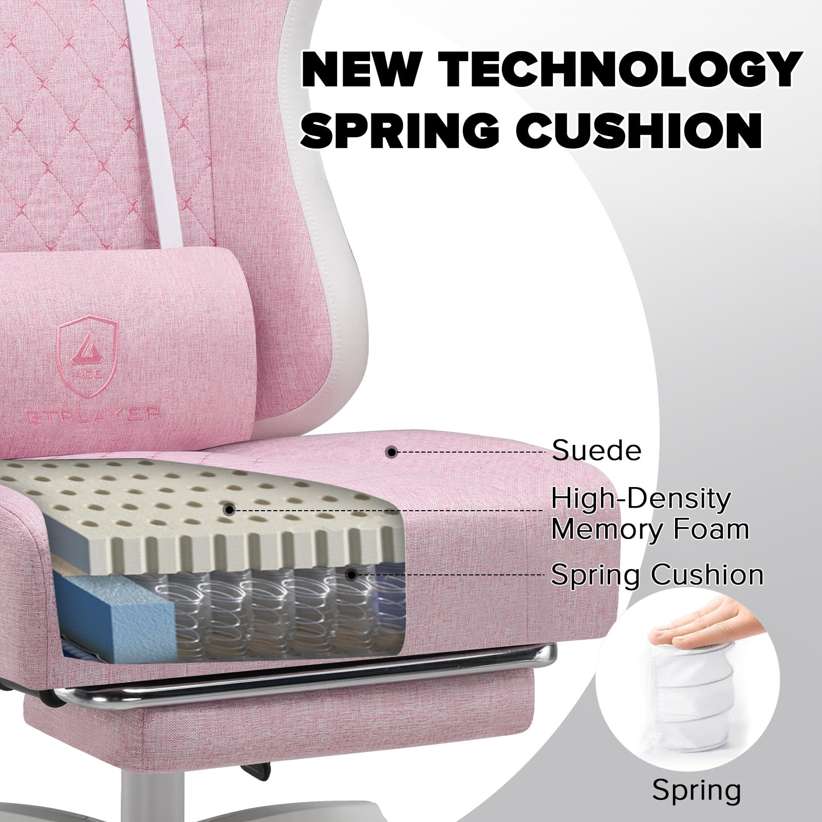 GTPLAYER Fabric Gaming Chair with Footrest, Ergonomic Computer Desk Chair with Pocket Spring Cushion Home Office High Back Support Lumbar Support Heavy Duty Wide