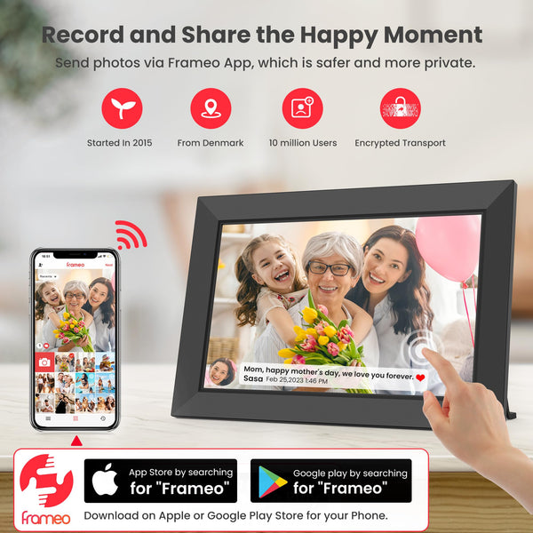 Frameo WiFi Digital Photo Frame 10.1 Inch - 1280x800 HD IPS Touch Screen Picture Frame Electronic, 32GB Memory, Auto Rotate, Wall Mountable, Digital PictureFrame for Sharing Photos and Videos