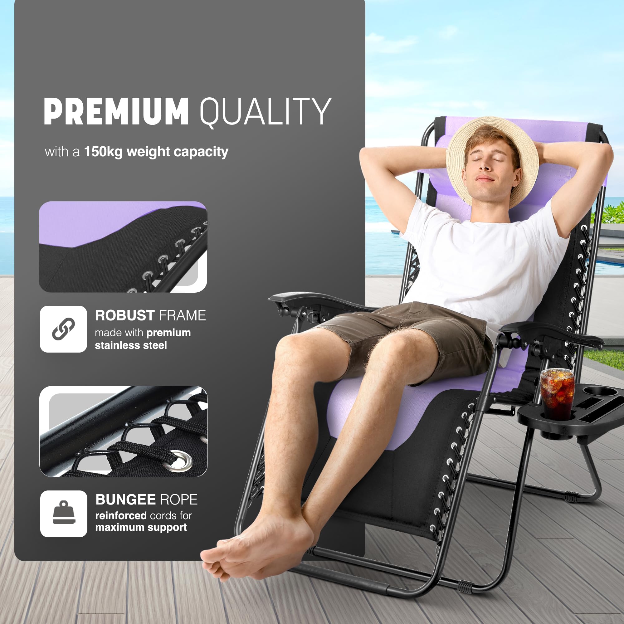 KEPLIN Set of 2 XXL Premium Heavy Duty Padded Zero Gravity Chairs - Luxurious Garden Recliners, Adjustable Headrest, Cup & Phone Holder, Foldable, Easy to Clean Patio Sun Loungers(Black)