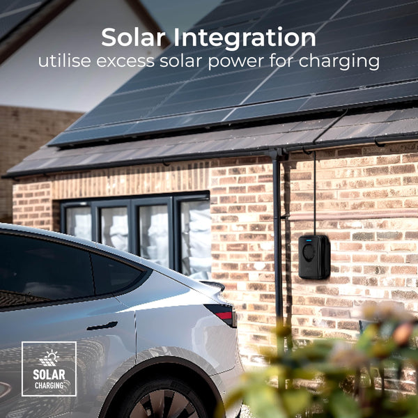 Masterplug Smart EV Home Wall Charger for Type 2 Electric and Plug-In Hybrid Vehicles, Tethered with 5m Cable, Mode 3, App Control, Solar Charging, Single Phase, Black, IP55, 7.4kW, 32A, EVCM3ST7B-MP