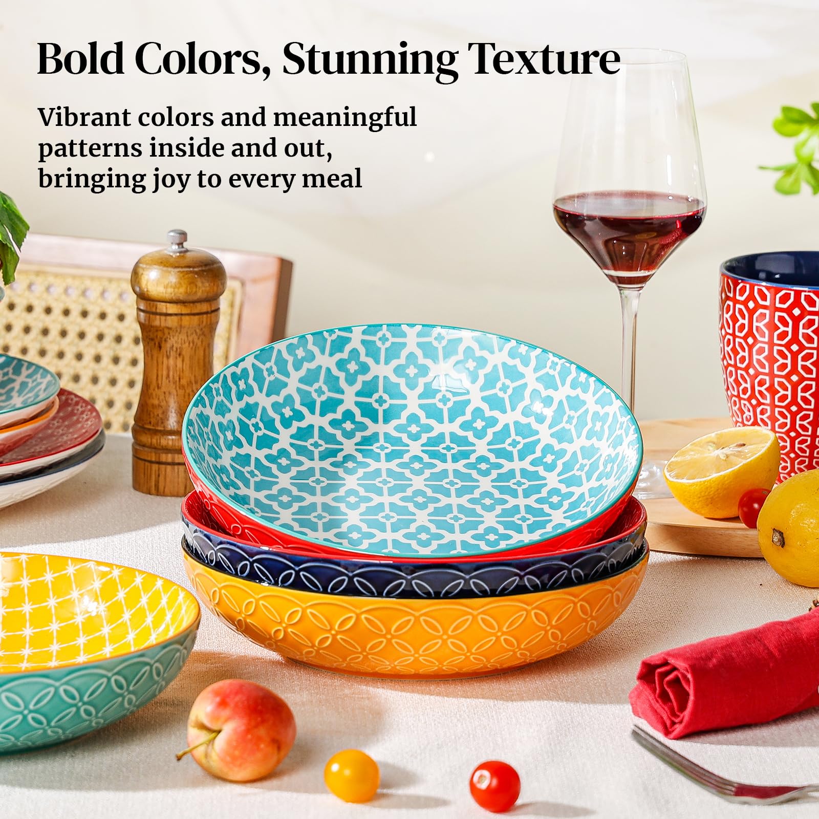 DOWAN Pasta Bowl Set of 4, Large Salad Bowls,  21.5 cm Porcelain Serving Plates, Soup Bowls, Wide and Shallow Ceramic Bowl for Kitchen, Pasta, Salad,