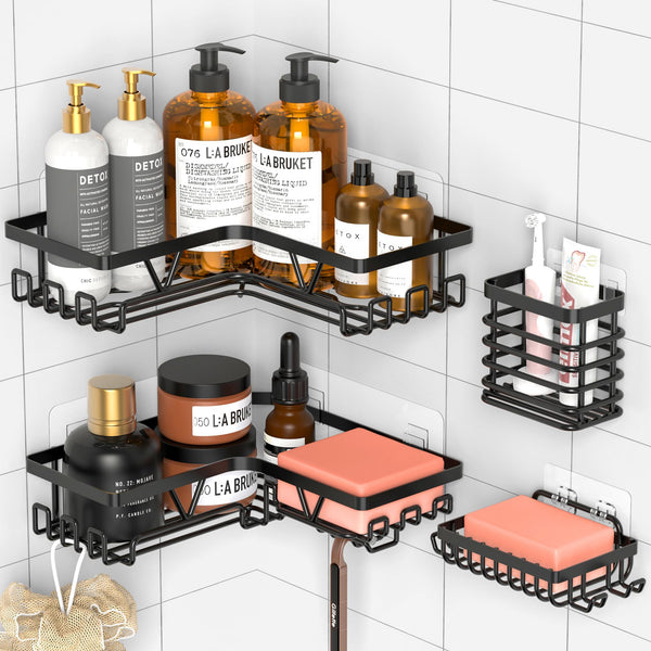 Kegii Telescopic Shower Caddy Corner - Stainless Steel Shower Shelf No Drilling Bathroom Caddy with Soap Holder and Hooks(White), On The Bath or Stand Up Shower