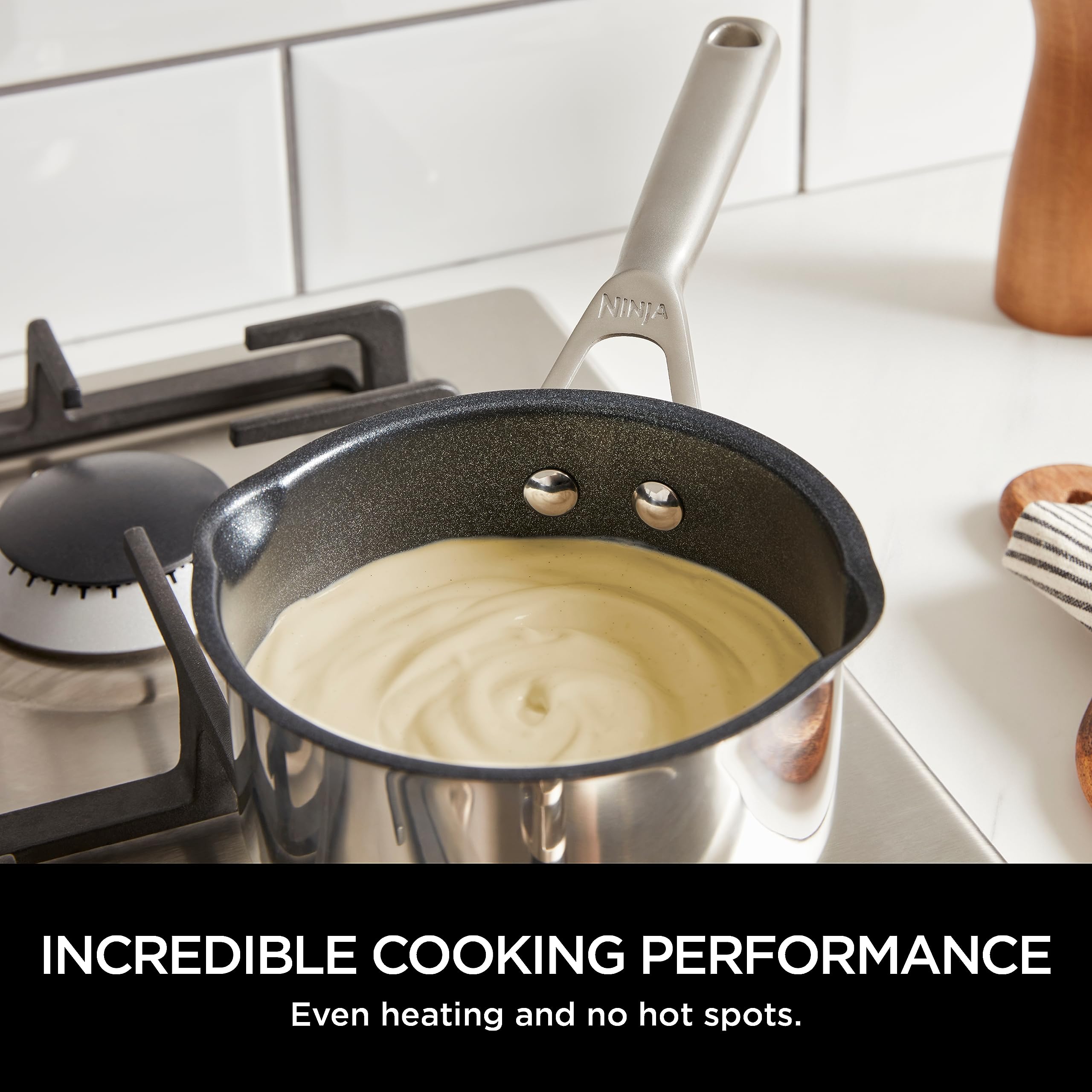 Ninja ZEROSTICK 5-Piece Pan Set, Long Lasting Non Stick,16cm, 18cm & 20cm Saucepans with oven-safe glass lids, 16cm Milk Pan, 24cm Frying Pan, Stainless Steel Cookware C6500UK