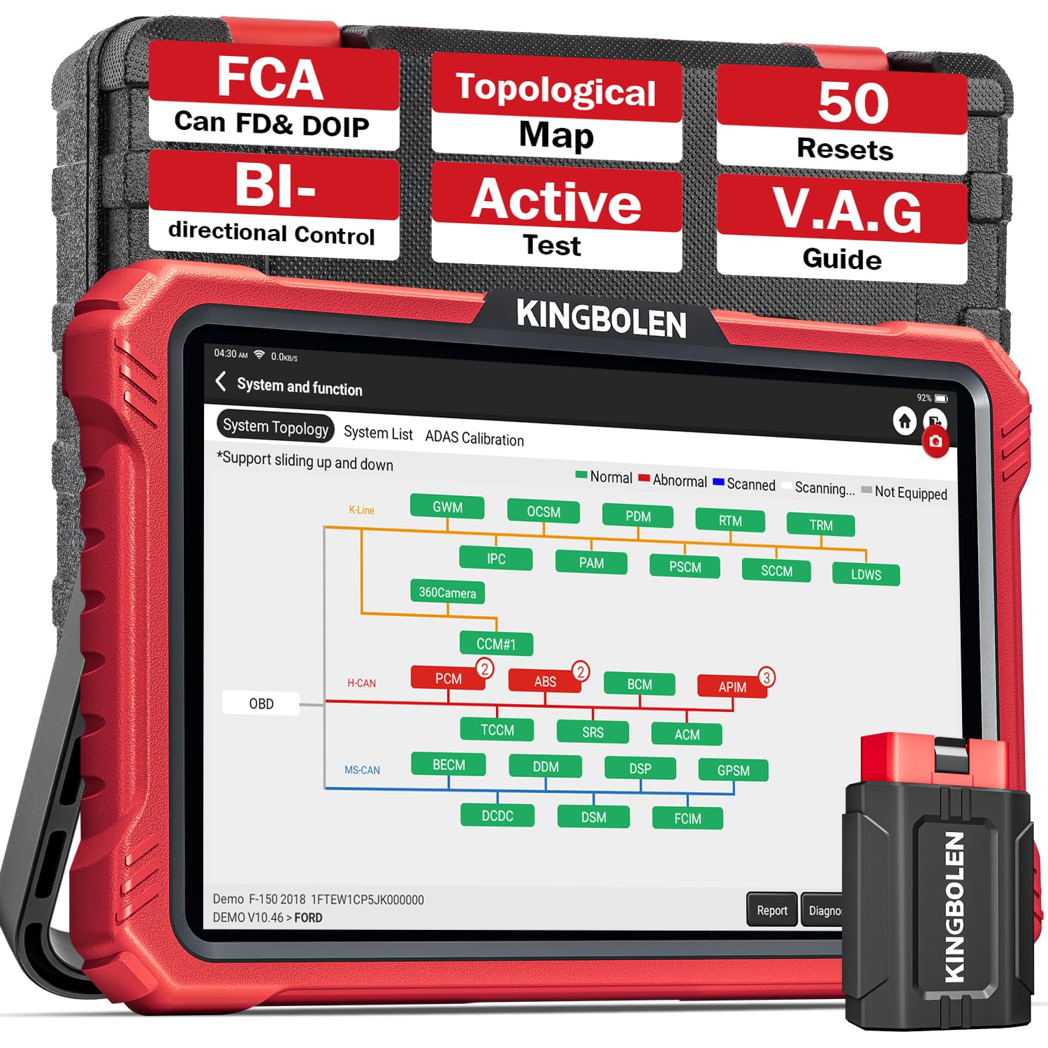 KINGBOLEN K10 PRO Car Diagnostic Tool,OE-Level Full System Bidirectional Scan Tool with ECU Coding,Topology Mapping,50+ Resets,V.A.G Guide,FCA,Can FD And DOIP,2 Years Update.