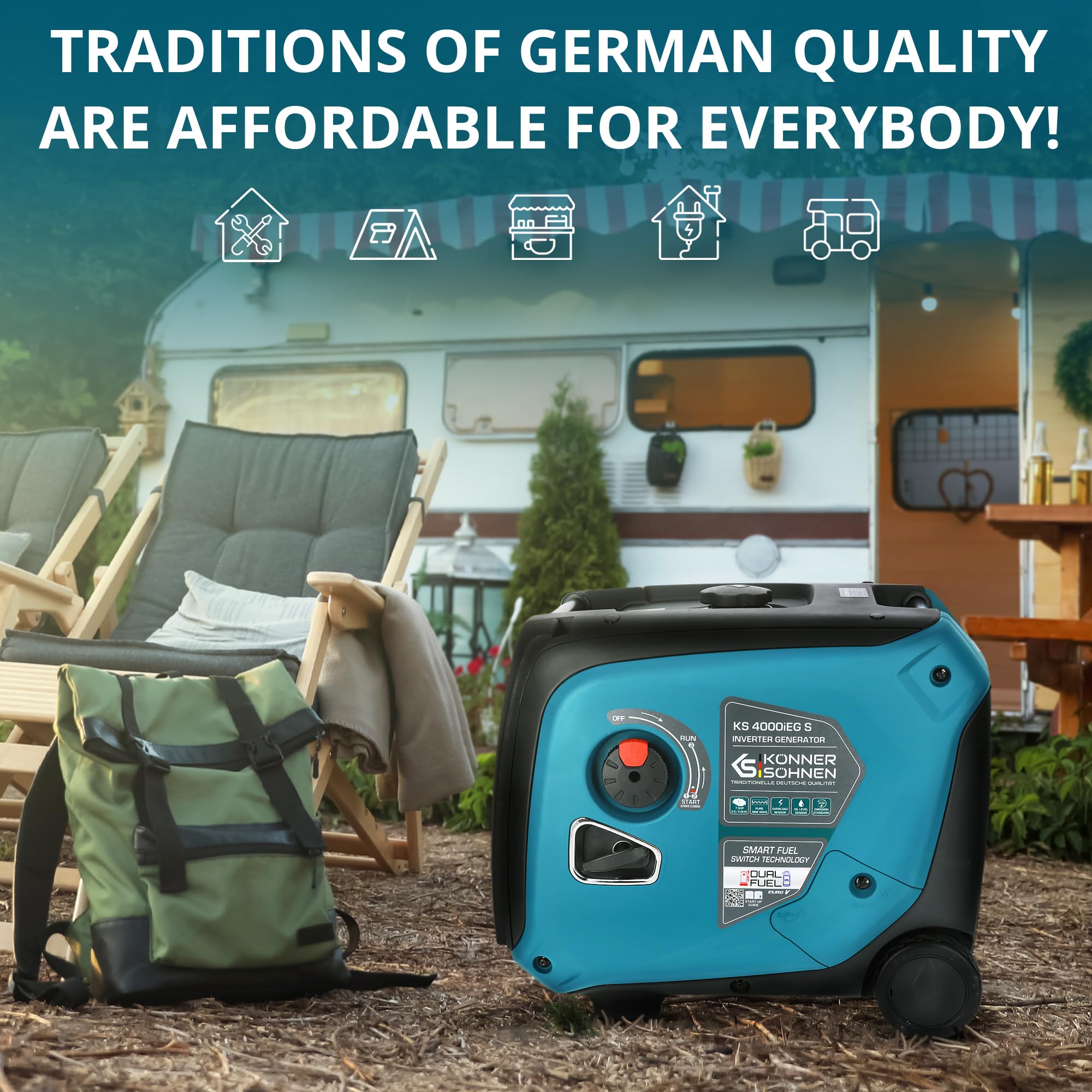 Könner & Söhnen KS 3100iG S portable LPG/petrol inverter generator 3100 W,UK Plug Socket 1x13 A (230 V), 2 USB ports,copper winding,silent inverter generator,dual fuel generator